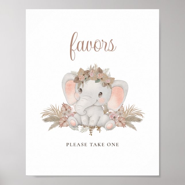 Boho Floral Cute Elephant Baby Shower Favours Sign (Front)