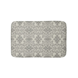 Boho Floral Damask Line Art, Black on Beige Bath Mat
