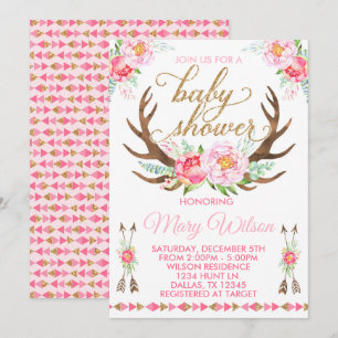 Boho Floral Deer Antler Baby Shower Invitation