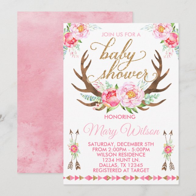 Boho Floral Deer Antler Baby Shower Invitation (Front/Back)