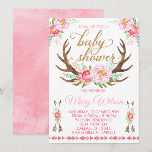 Boho Floral Deer Antler Baby Shower Invitation