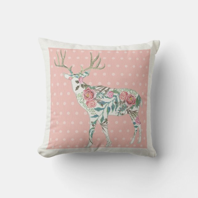 BOHO Floral Deer w Antlers Dot Pattern n Flowers Cushion (Front)