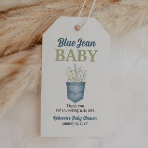Boho Floral Denim Pocket Blue Jean Baby Shower Gift Tags