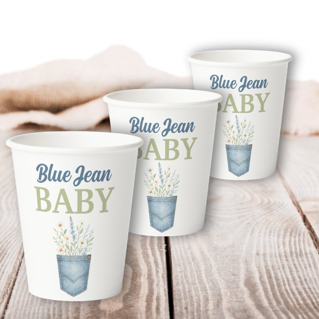 Boho Floral Denim Pocket Blue Jean Baby Shower Paper Cups (Creator Uploaded)