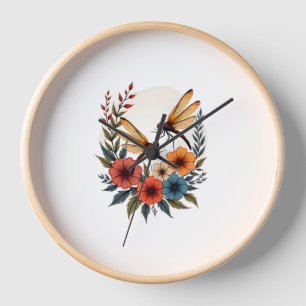 Boho Floral Dragonfly Clock