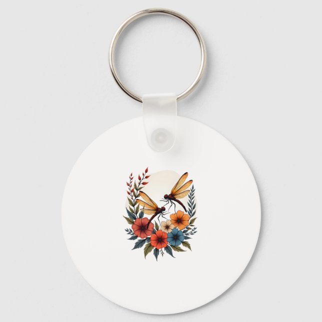 Boho Floral Dragonfly Key Ring (Front)