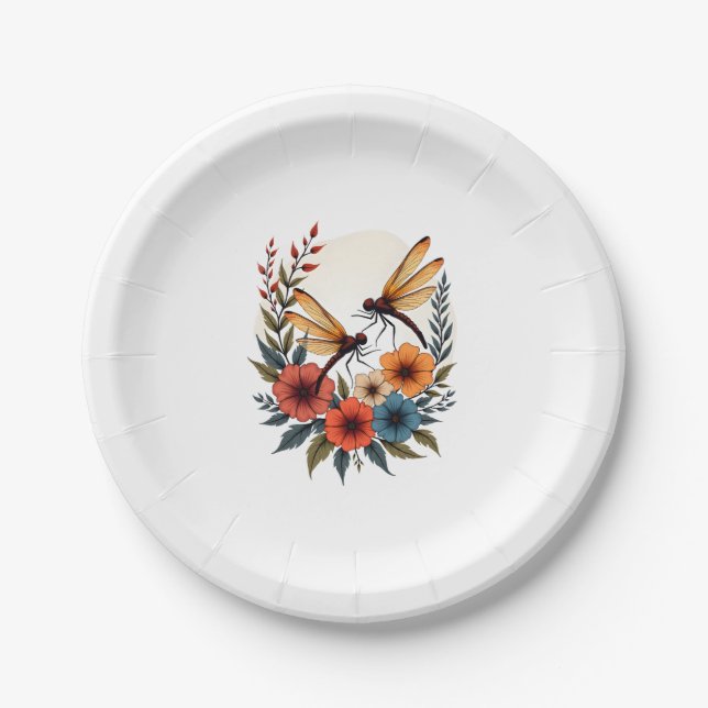 Boho Floral Dragonfly Paper Plate (Front)