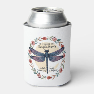 Boho Floral Dragonfly She Is Clothed With Strength Can Cooler