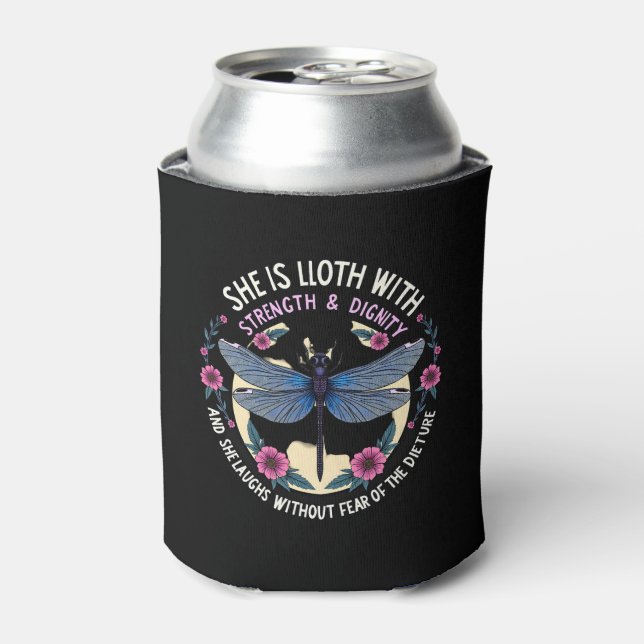 Boho Floral Dragonfly She Is Clothed With Strength Can Cooler (Can Front)
