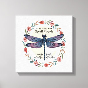 Boho Floral Dragonfly She Is Clothed With Strength Canvas Print