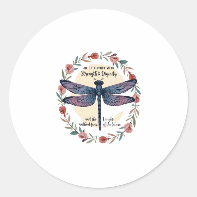 Boho Floral Dragonfly She Is Clothed With Strength Classic Round Sticker (Front)