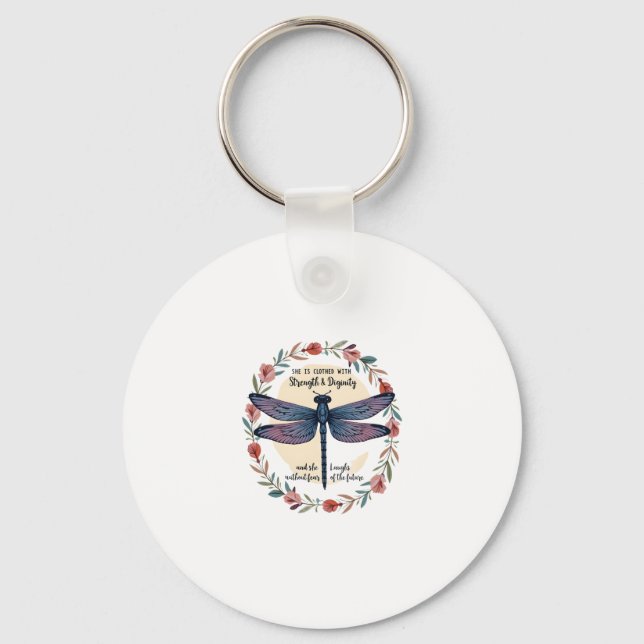 Boho Floral Dragonfly She Is Clothed With Strength Key Ring (Front)