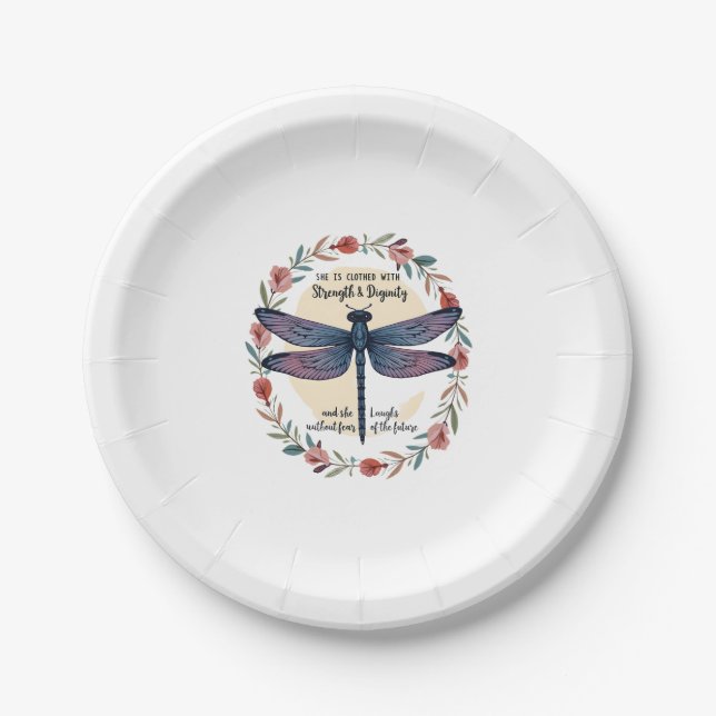 Boho Floral Dragonfly She Is Clothed With Strength Paper Plate (Front)