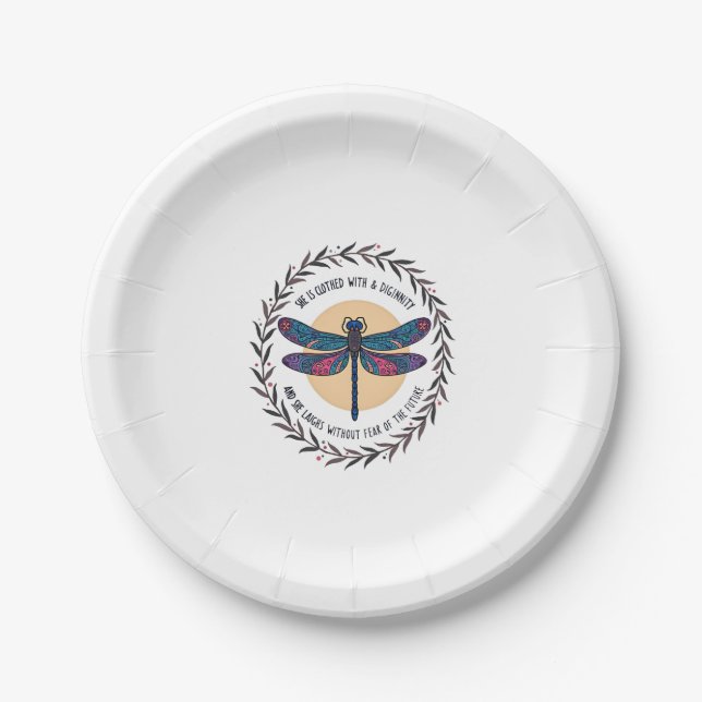 Boho Floral Dragonfly She Is Clothed With Strength Paper Plate (Front)