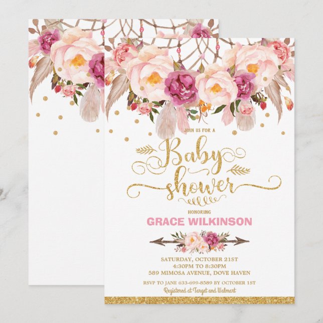 Boho Floral Dream Catcher Baby Shower Girl Invitation (Front/Back)