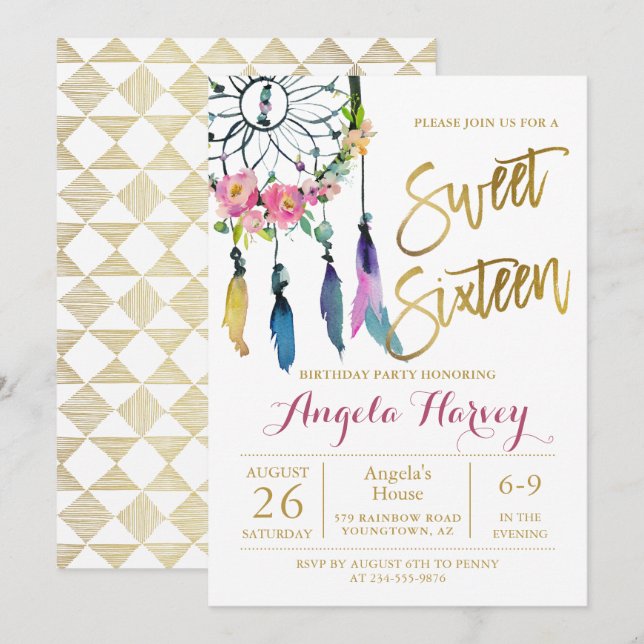 Boho Floral Dream Catcher Gold Sweet 16 Birthday Invitation (Front/Back)
