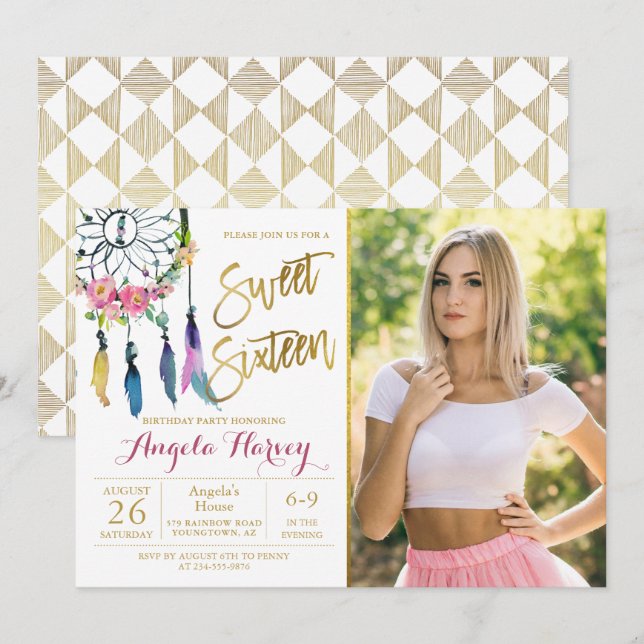 Boho Floral Dream Catcher Sweet 16 Birthday Photo Invitation (Front/Back)