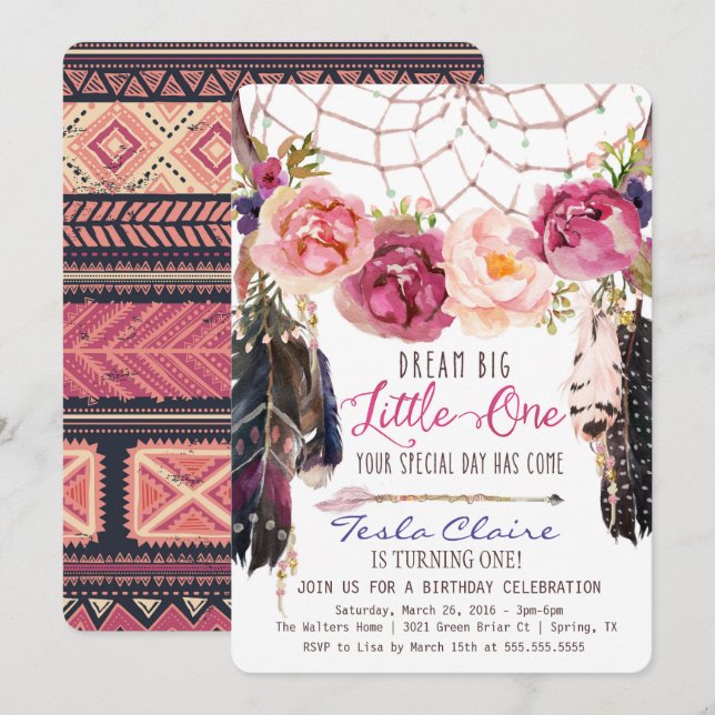 Boho Floral Dreamcatcher 1st Birthday Invitation (Front/Back)