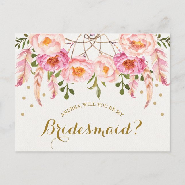 Boho Floral Dreamcatcher Be My Bridesmaid Card (Front)