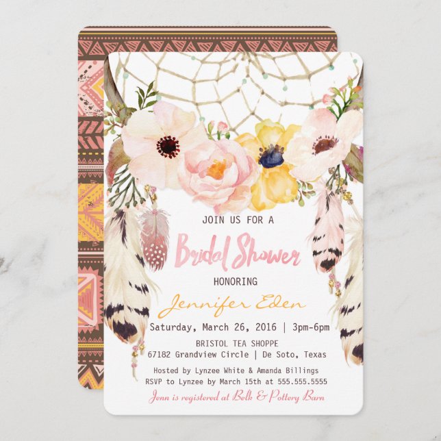 Boho Floral Dreamcatcher Bridal Shower Invitation (Front/Back)