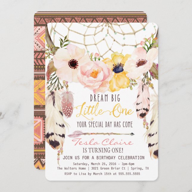 Boho Floral Dreamcatcher First Birthday Invitation (Front/Back)