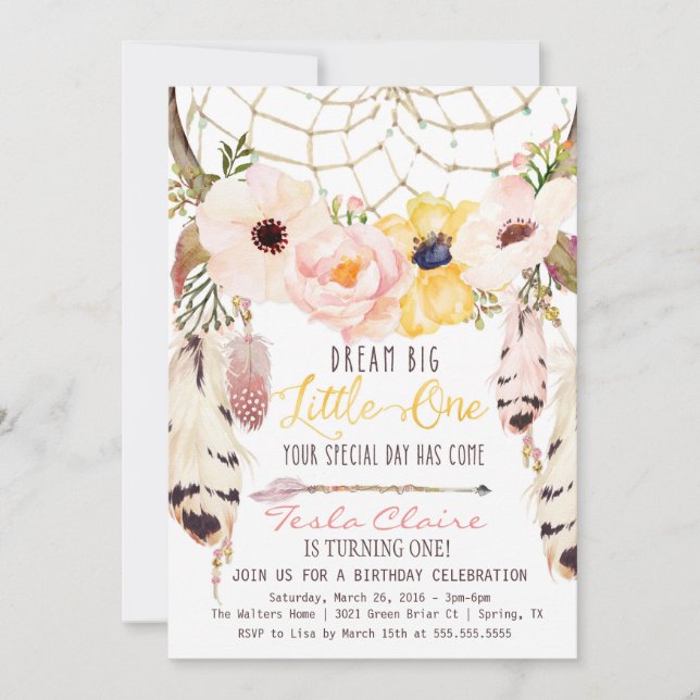 Boho Floral Dreamcatcher Tribal First Birthday Invitation (Front)