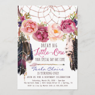 Boho Floral Dreamcatcher Watercolor First Birthday Invitation