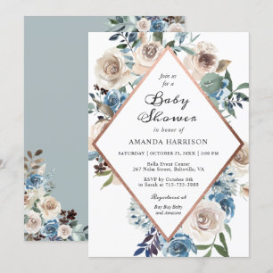 Boho Floral Dusty Blue Rose Gold Baby Shower Invitation