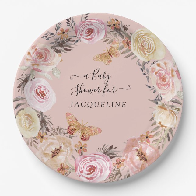 Boho Floral Dusty Blush Pink Modern Baby Shower Paper Plate (Front)