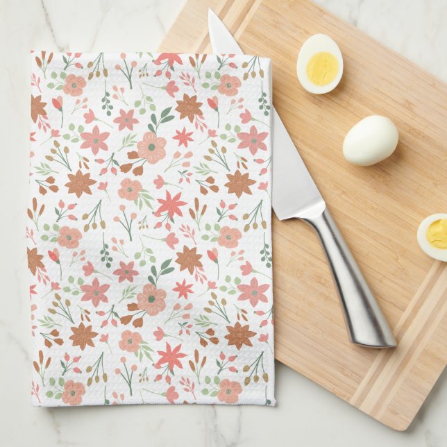 Boho Floral Earth Tones Modern Flowers Tea Towel (Quarter Fold)