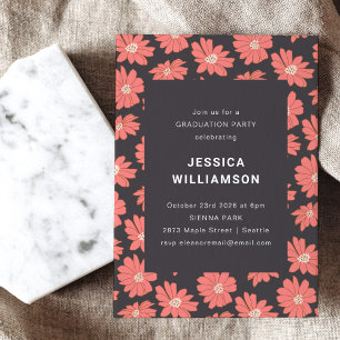 Boho Floral Elegant Black Red Graduation Party Invitation