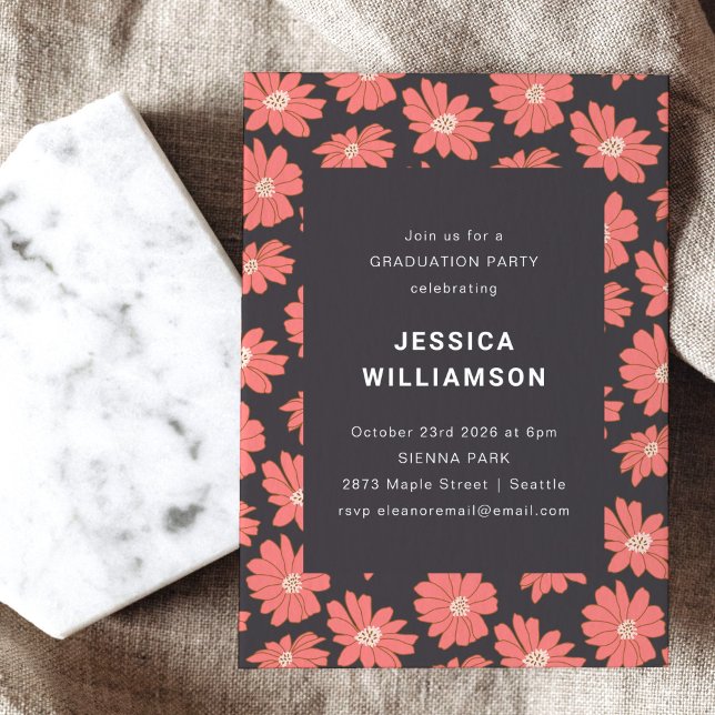 Boho Floral Elegant Black Red Graduation Party Invitation (Creator Uploaded)