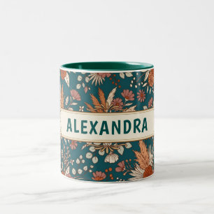 Boho Floral Elegant Earthy Custom Name Gift Two-Tone Coffee Mug