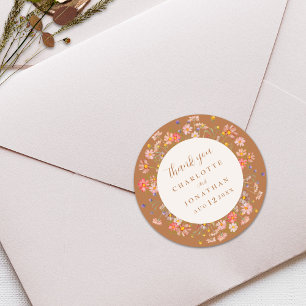Boho Floral Elegant Fall Wedding Thank You Classic Round Sticker