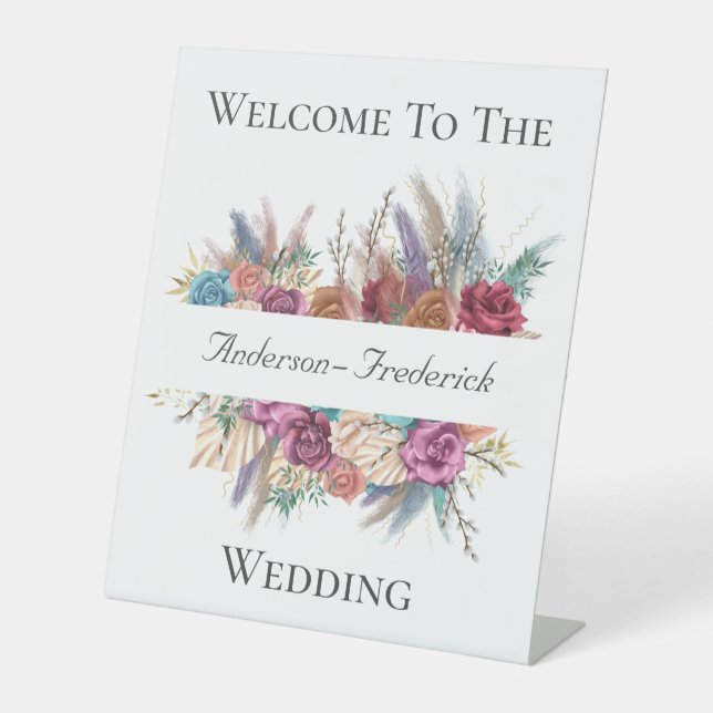 Boho Floral Elegant Script Wedding Welcome Sign (Front)