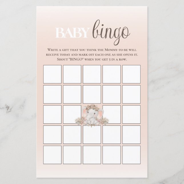 Boho Floral Elephant Baby Bingo Baby Shower Game (Front)