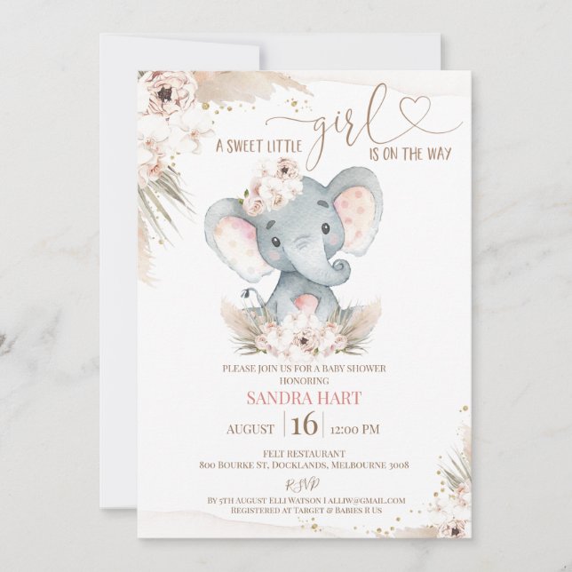 Boho Floral Elephant Baby Girl Baby Shower Invitation (Front)