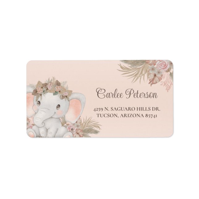 Boho Floral Elephant Baby Shower Return Address Label (Front)