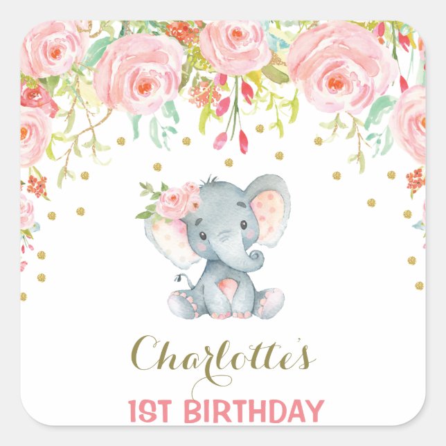 Boho Floral Elephant Birthday Favour Sticker Tag (Front)