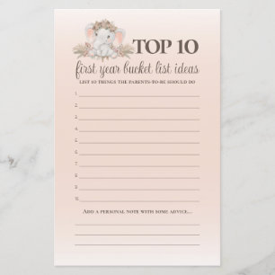 Boho Floral Elephant Bucket List Baby Shower Game