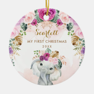 Boho Floral Elephant Girl Baby 1st Christmas Ceramic Tree Decoration