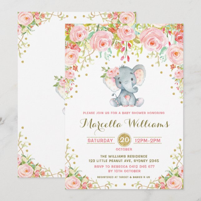 Boho Floral Elephant Invitation Pink Baby Shower (Front/Back)