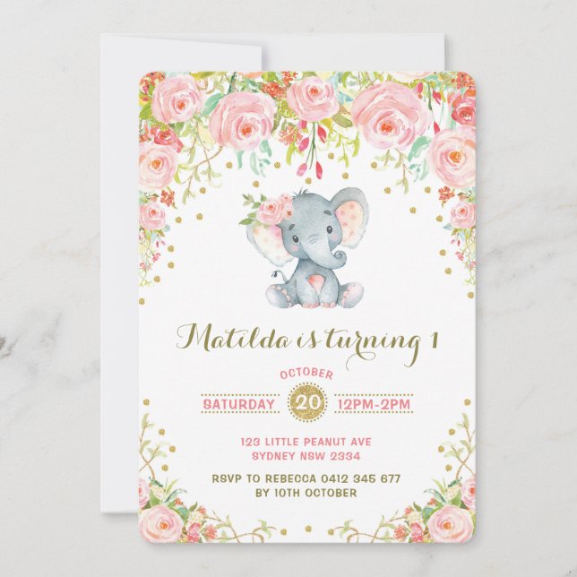 Boho Floral Elephant Invitation Pink Gold Birthday (Front)