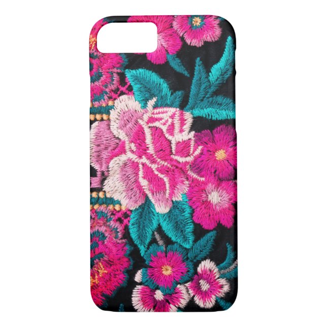 Boho floral embroidery look black, pink, teal Case-Mate iPhone case (Back)