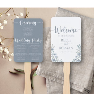 Boho Floral Eucalyptus Blue Wedding Program Hand Fan