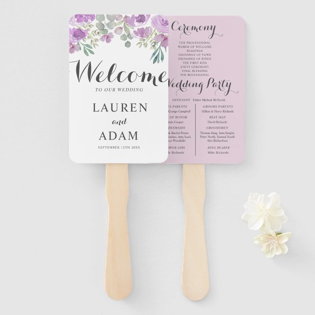 Boho Floral Eucalyptus Pink Wedding Program Hand Fan (Front and Back)