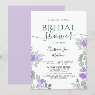 Boho Floral Eucalyptus Purple Bridal Shower Invitation