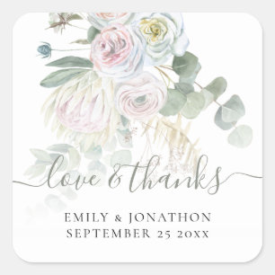 Boho Floral Eucalyptus Thank You Name Date Wedding Square Sticker