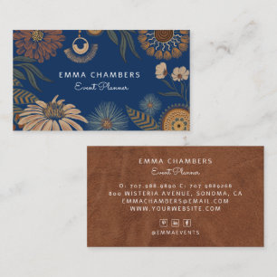 Boho Floral Event Planner Navy Blue Business Card