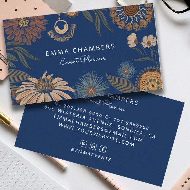 Boho Floral Event Planner Navy Blue Business Card (Creator Uploaded)